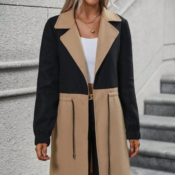 . Jackets & Blazers - Khaki Casual Womens Two Tone Drawstring Waist Overcoat